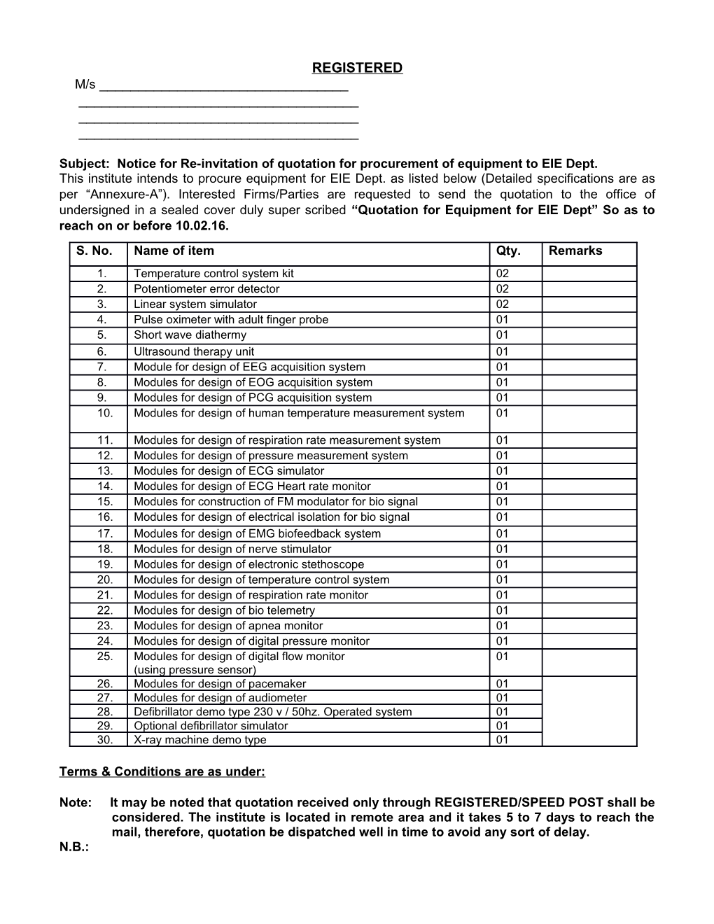 Subject: Noticefor Re-Invitation Ofquotation for Procurement of Equipment to EIE Dept