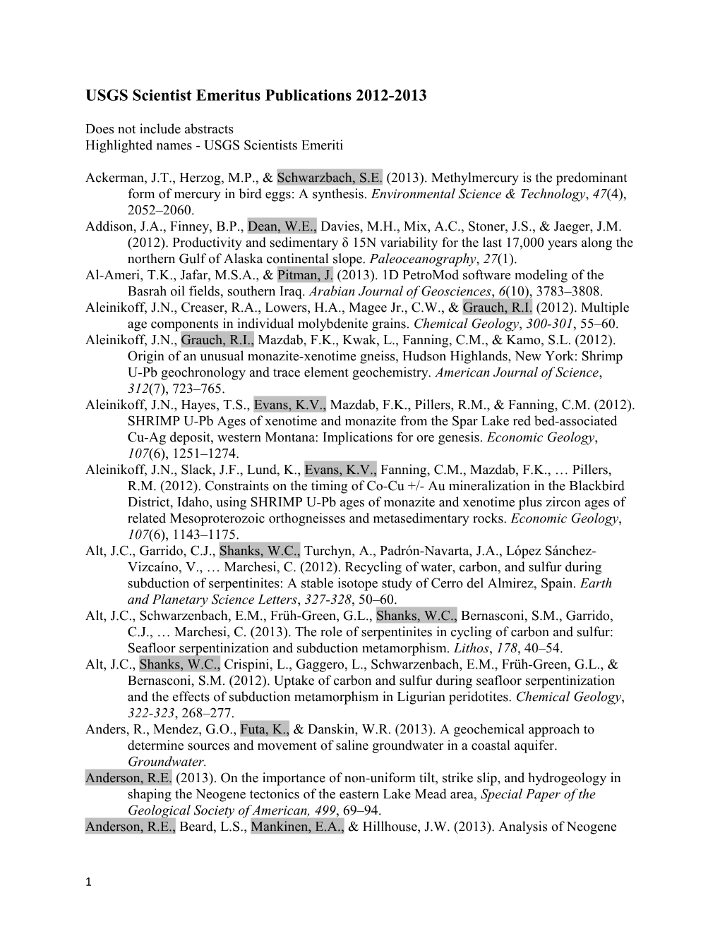 USGS Scientist Emeritus Publications 2012-2013