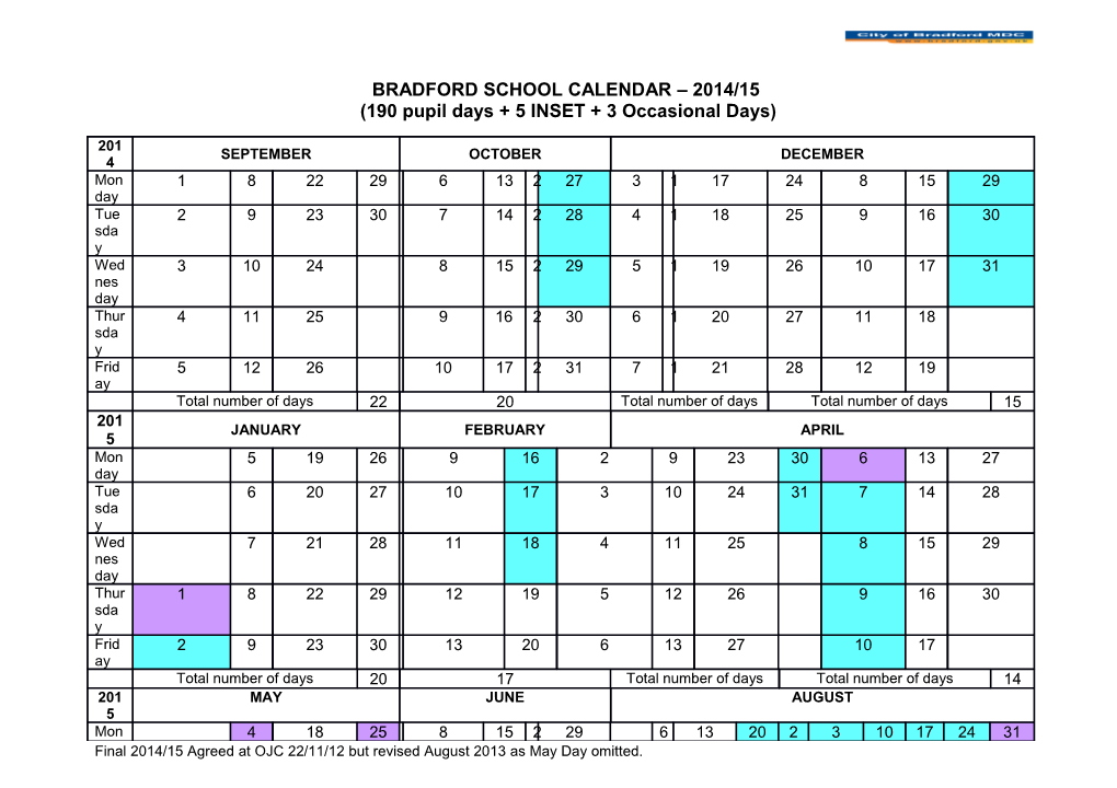 190 Pupil Days + 5 INSET + 3 Occasional Days