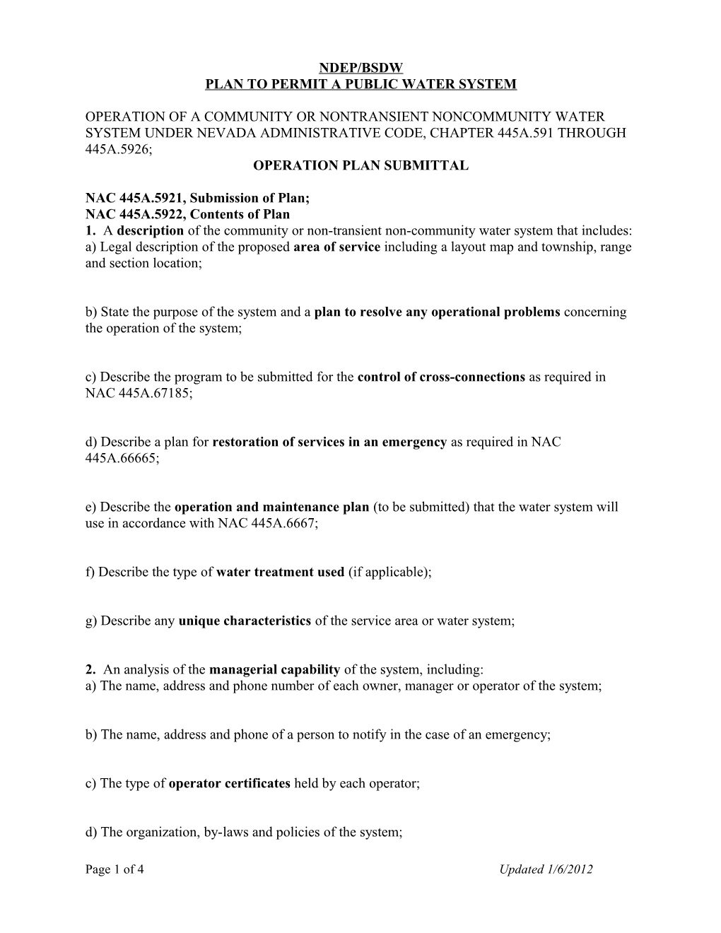 Operation of a Community Or Nontransient Noncommunity Water System Under Nevada Administrative