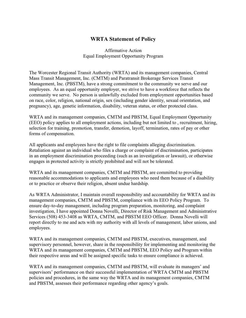 WRTA Statement of Policy