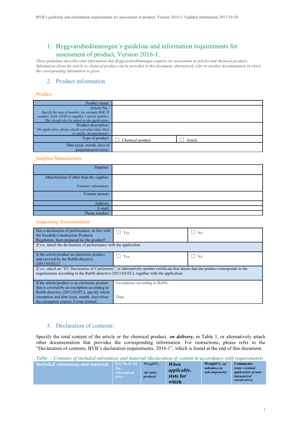 Byggvarubedömningen S Guideline and Information Requirements for Assessment of Product