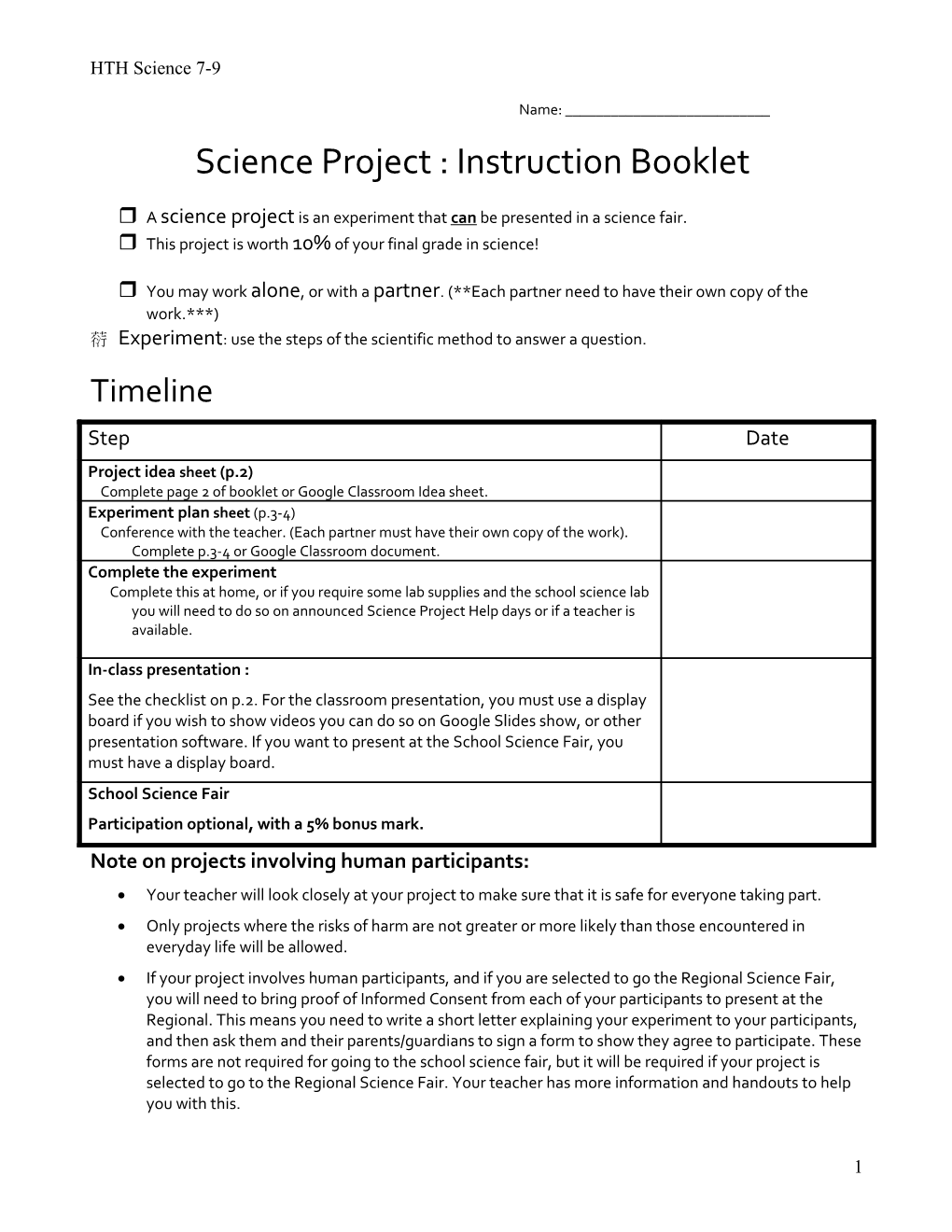 Science Project : Instruction Booklet