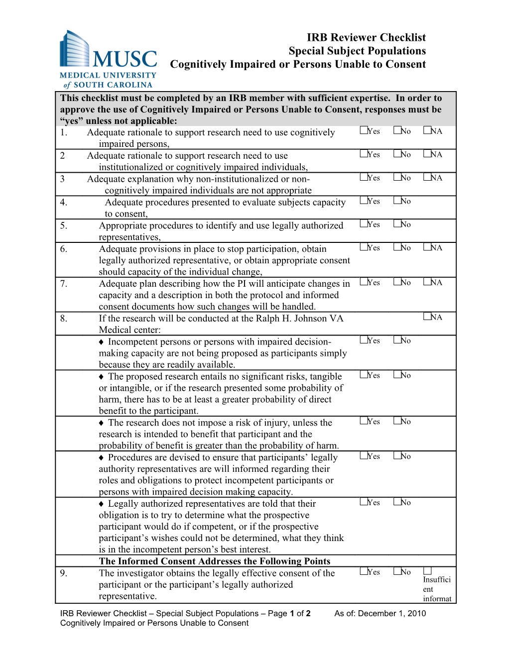 Informed Consent Document Checklist