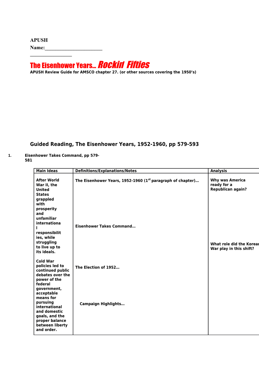 APUSH Review Guide for AMSCO Chapter 27. (Or Other Sources Covering the 1950 S)