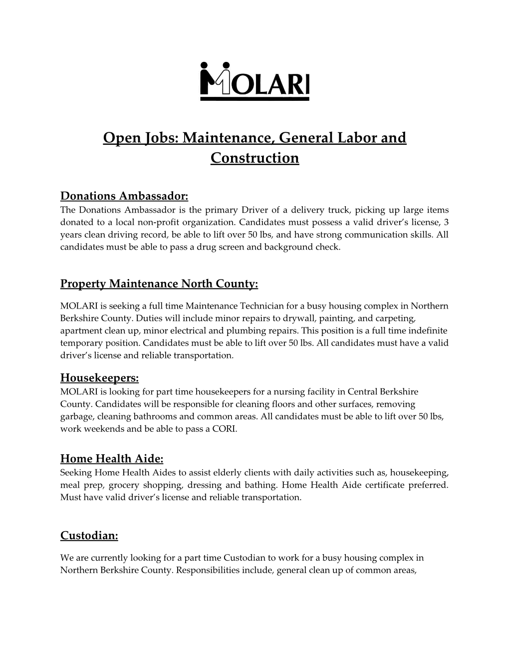 Open Jobs: Maintenance, General Labor and Construction