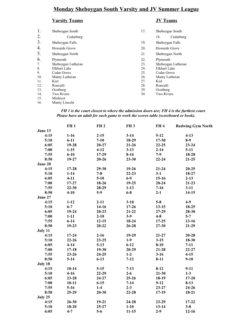 Sheboygan South Monday Varsity Summer League