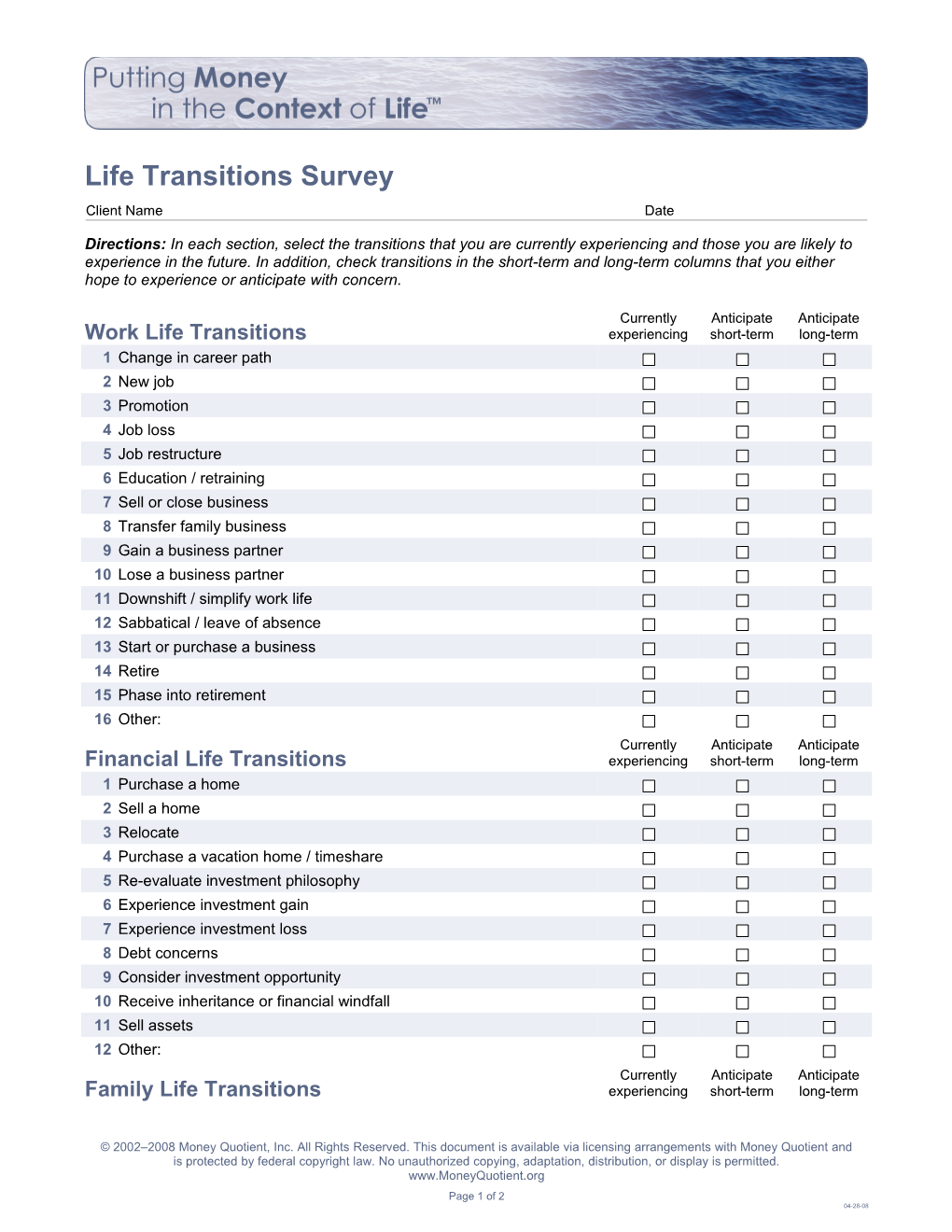 Life Transitions Survey