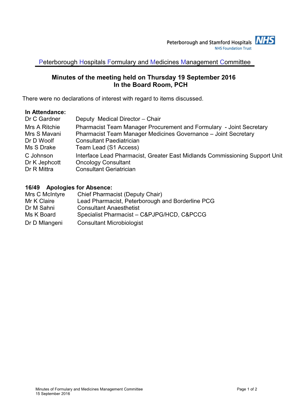 Minutes of the Meeting Held on Thursday 19 September 2016