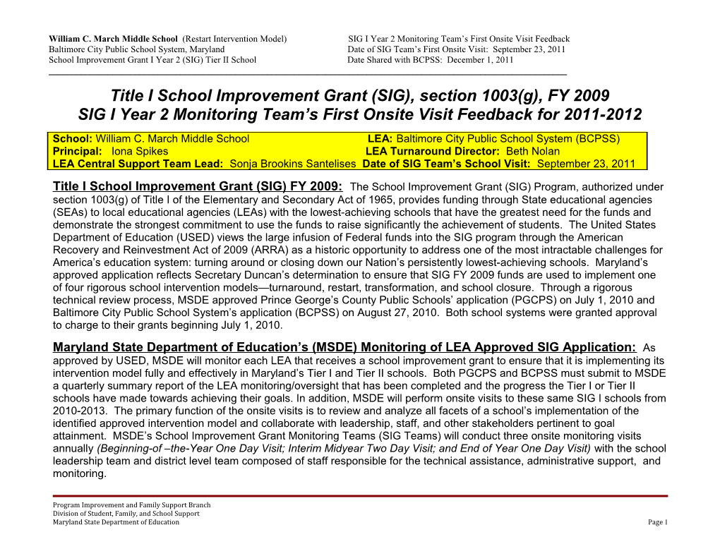 Title I School Improvement Grant (SIG), Section 1003(G), FY 2009