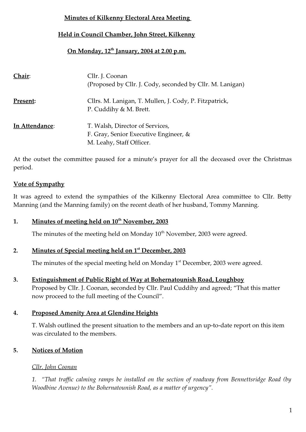 Minutes of Kilkenny Electoral Area Meeting Held on 12Th January, 2004 in Council Chamber