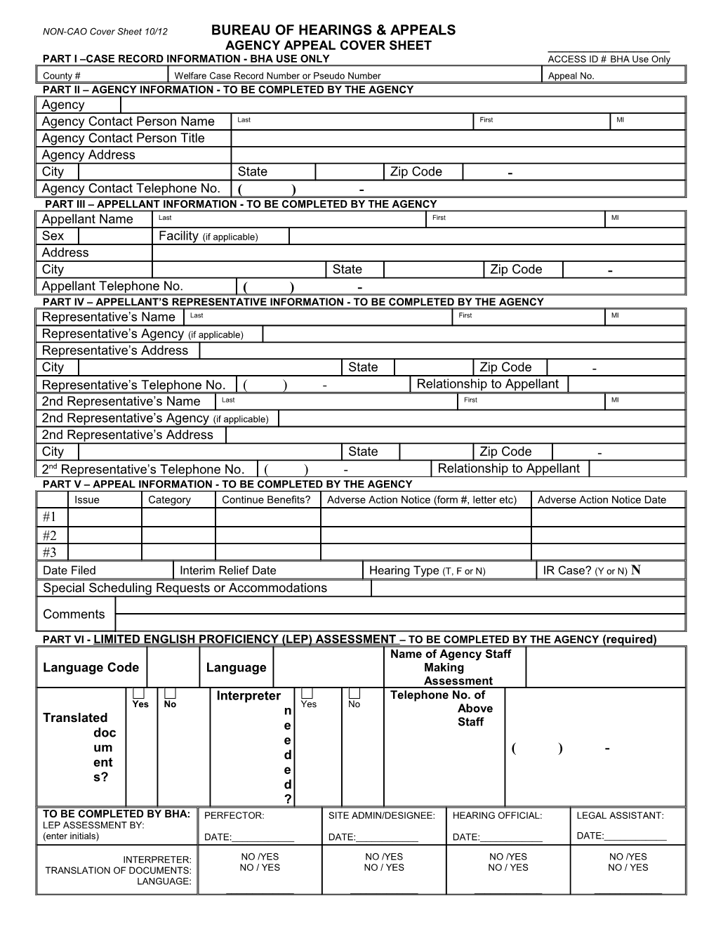 BHA Agency (Non-CAO) Appeal Cover Sheet