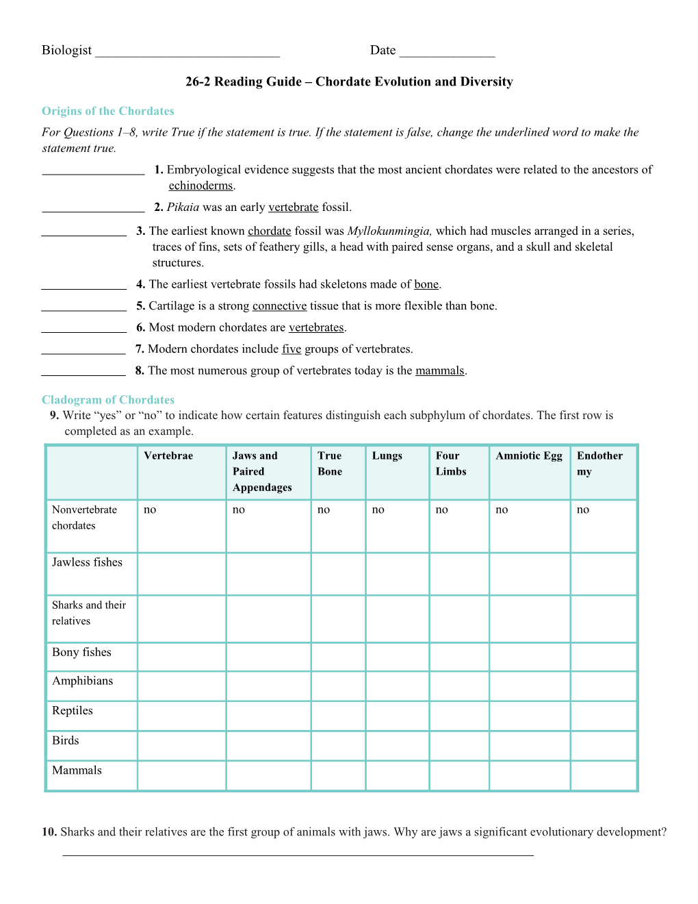 26-2 Reading Guide Chordate Evolution and Diversity