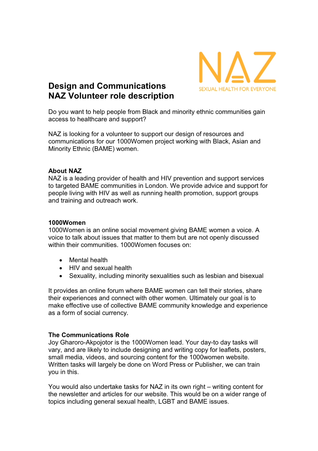 NAZ Volunteer Role Description