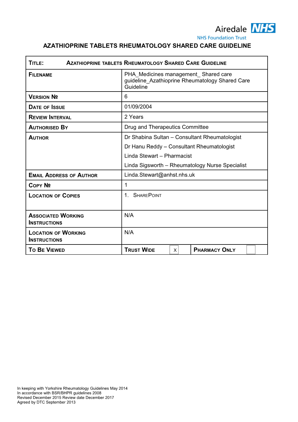 Azathioprine Tablets Rheumatology Shared Care Guideline