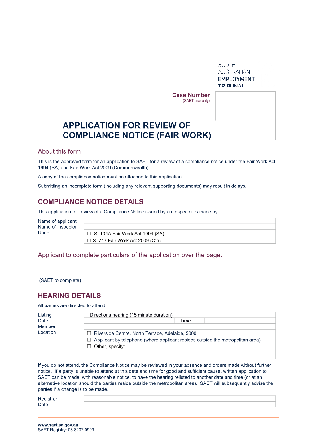 Application for Review of Compliance Notice