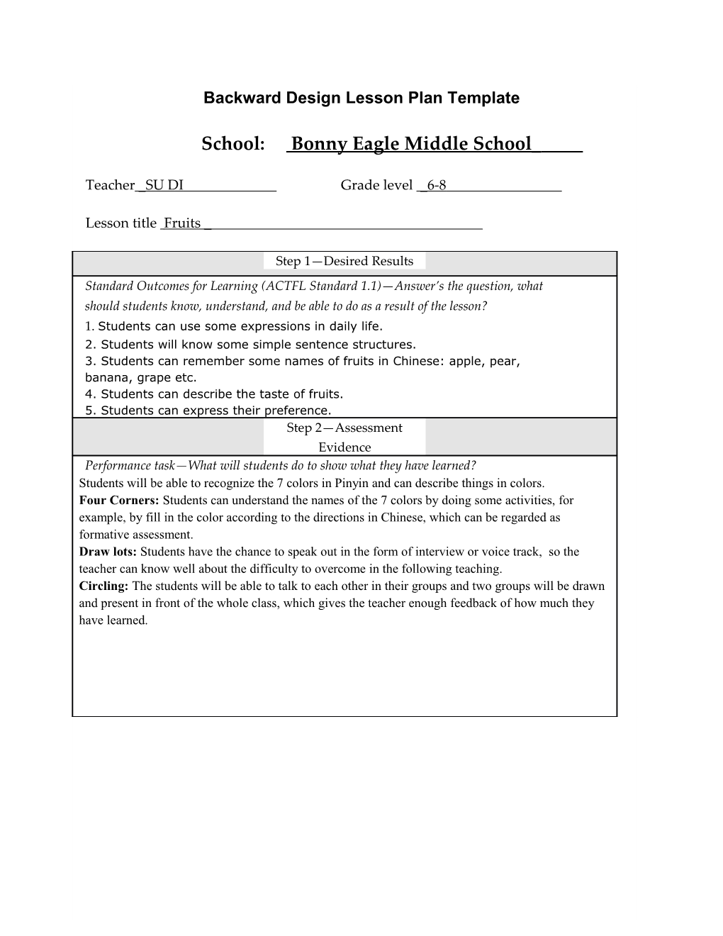 Backward Design Lesson Plan Template