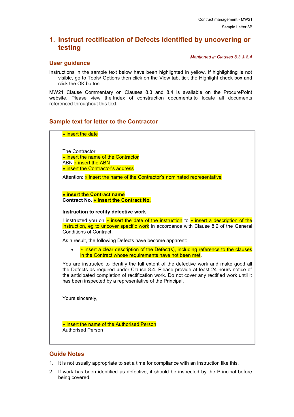 MW21 Sample Letter 8B - Instruct Rectification of Defects Identified by Uncovering Or Testing