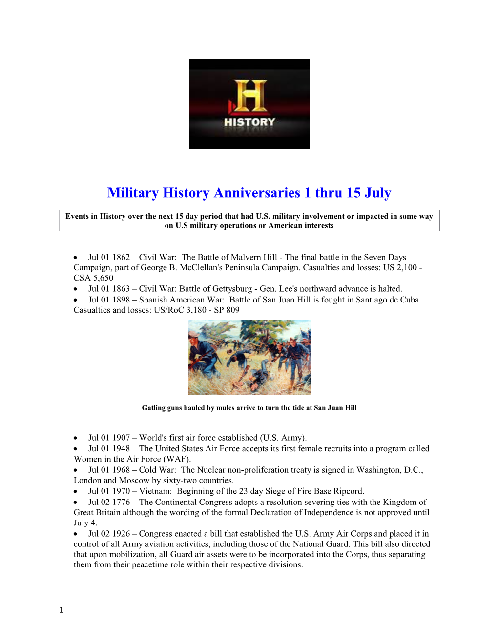 Military History Anniversaries 1 Thru 15 July s1