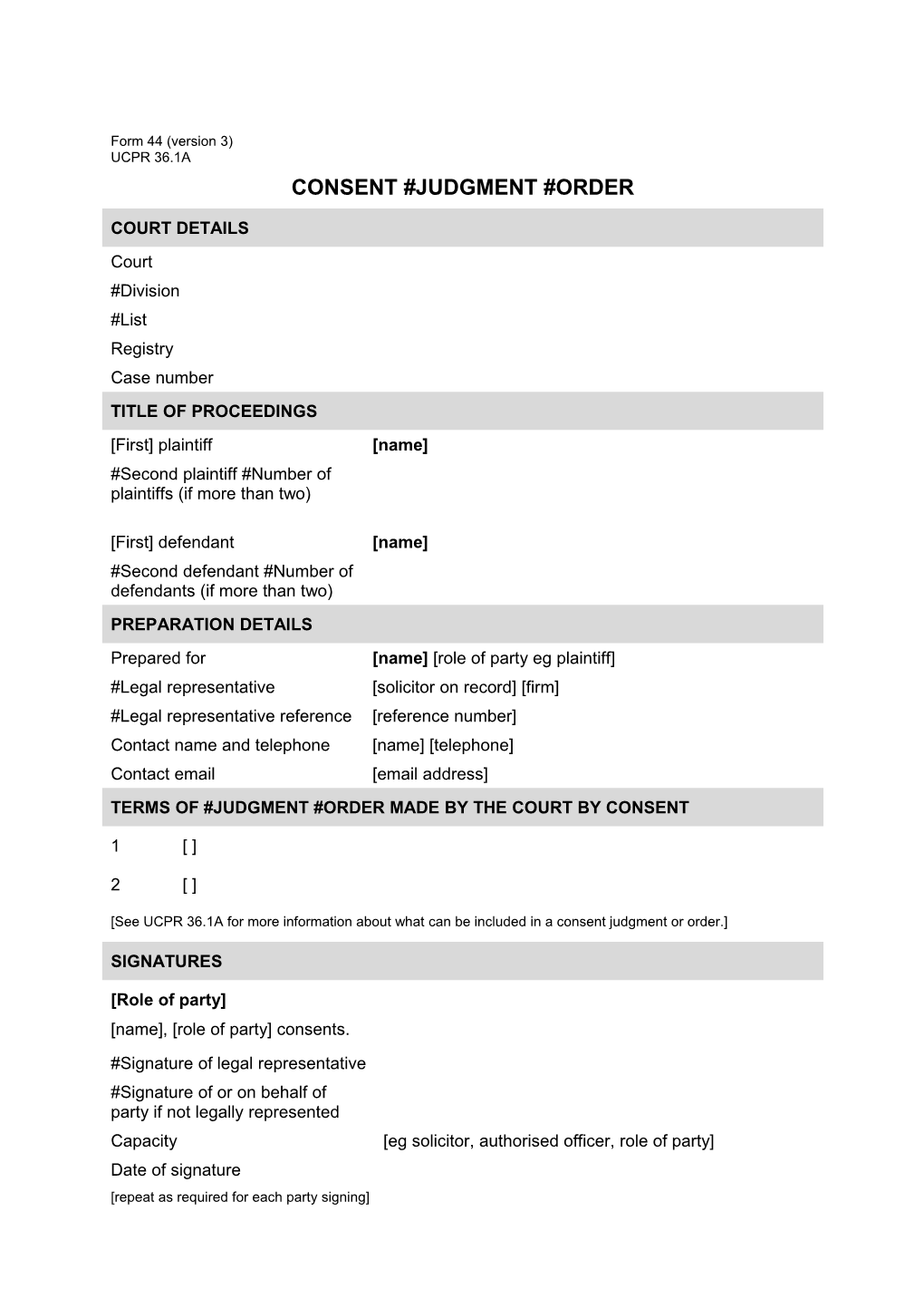 NSW UCPR Form 44 - Consent Judgment Or Order