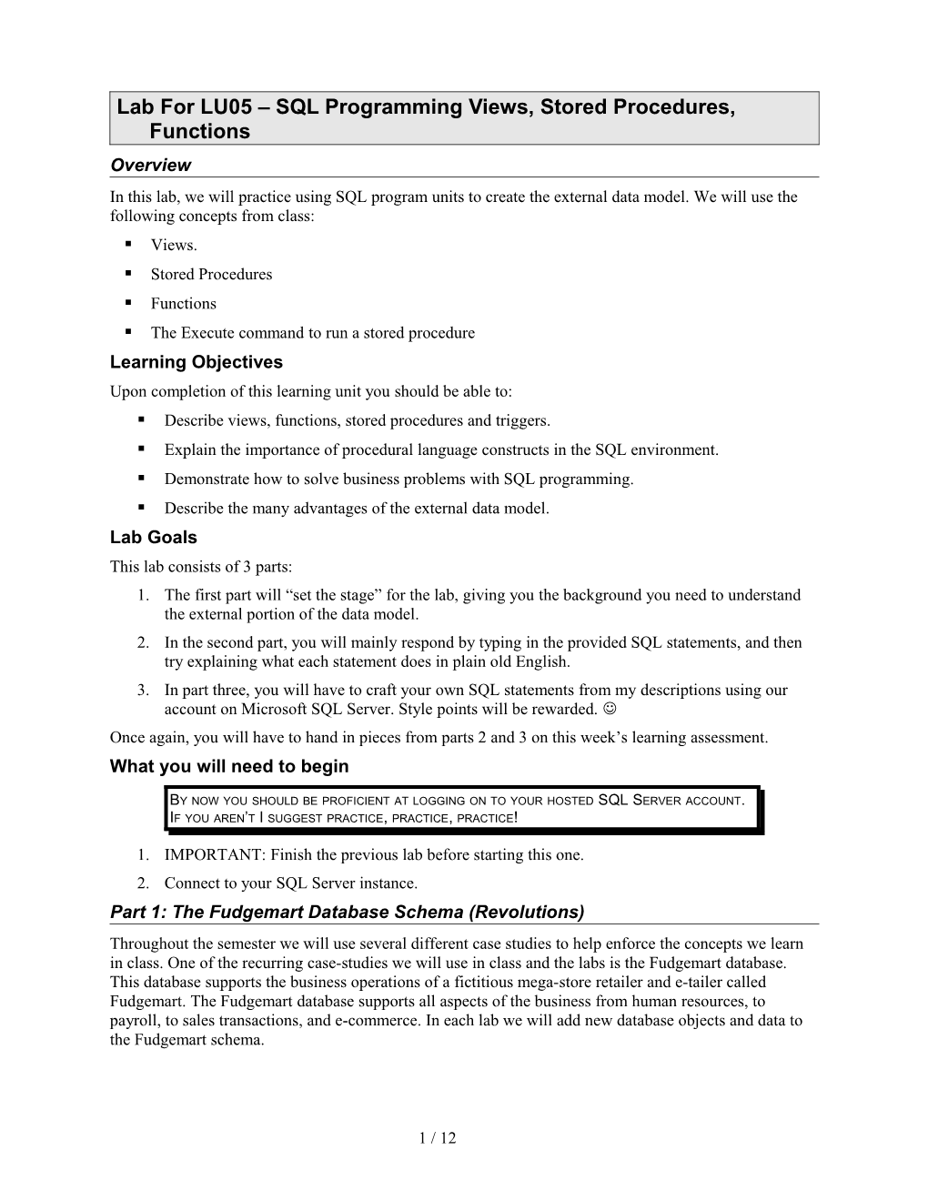 Lab for LU05 SQL Programming Views, Stored Procedures, Functions