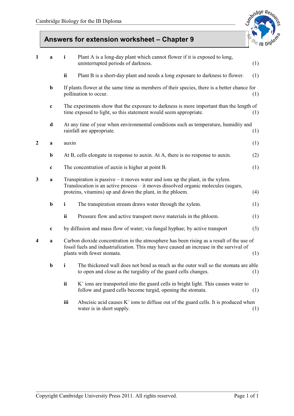 Answers for Extension Worksheet Chapter 9