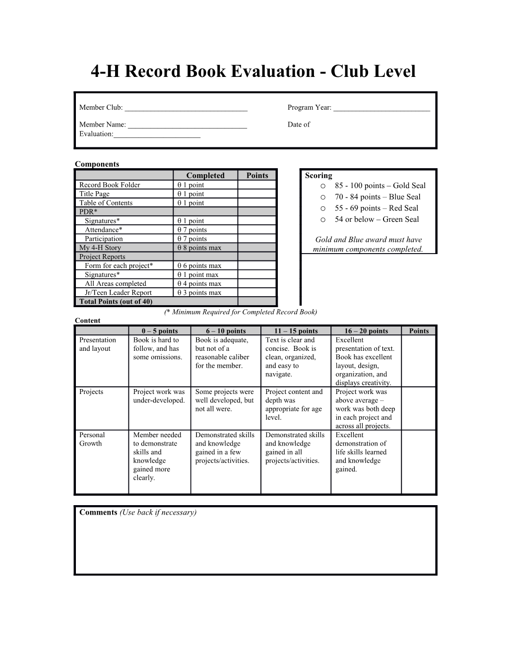 4-H Record Book Evaluation - Club Level