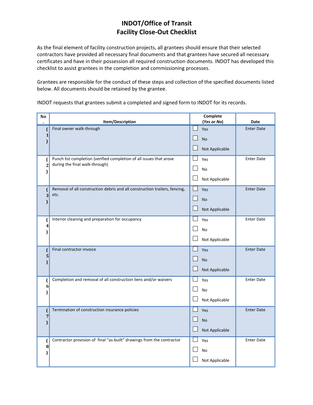 Facility Close-Out Checklist