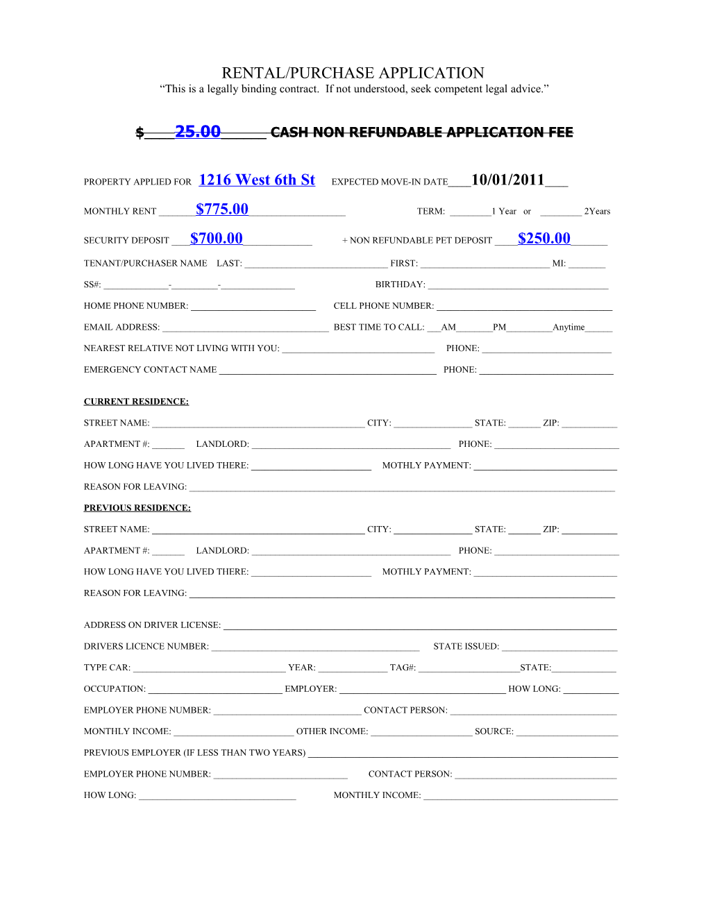 Rental/Purchase Application