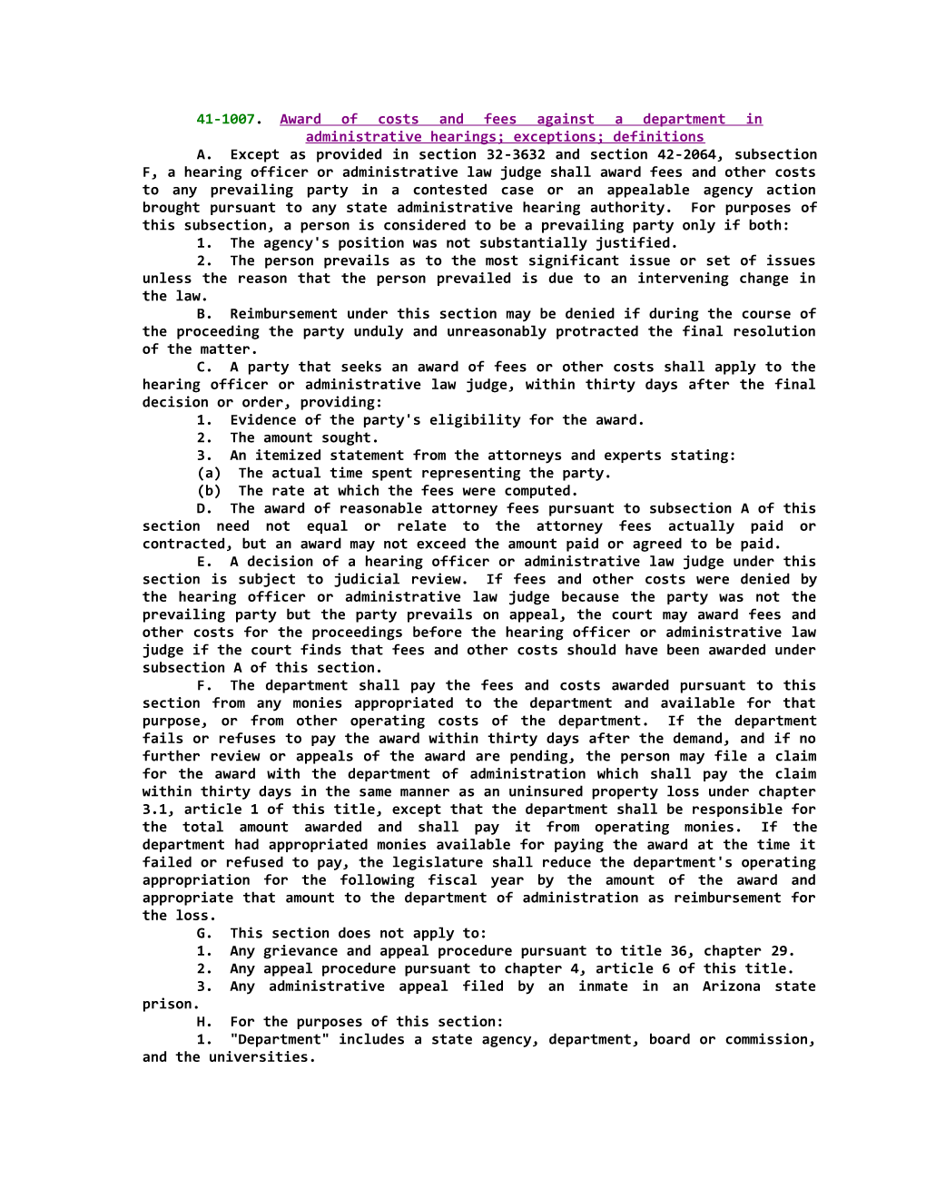 41-1007; Award of Costs and Fees Against a Department in Administrative Hearings; Exceptions;