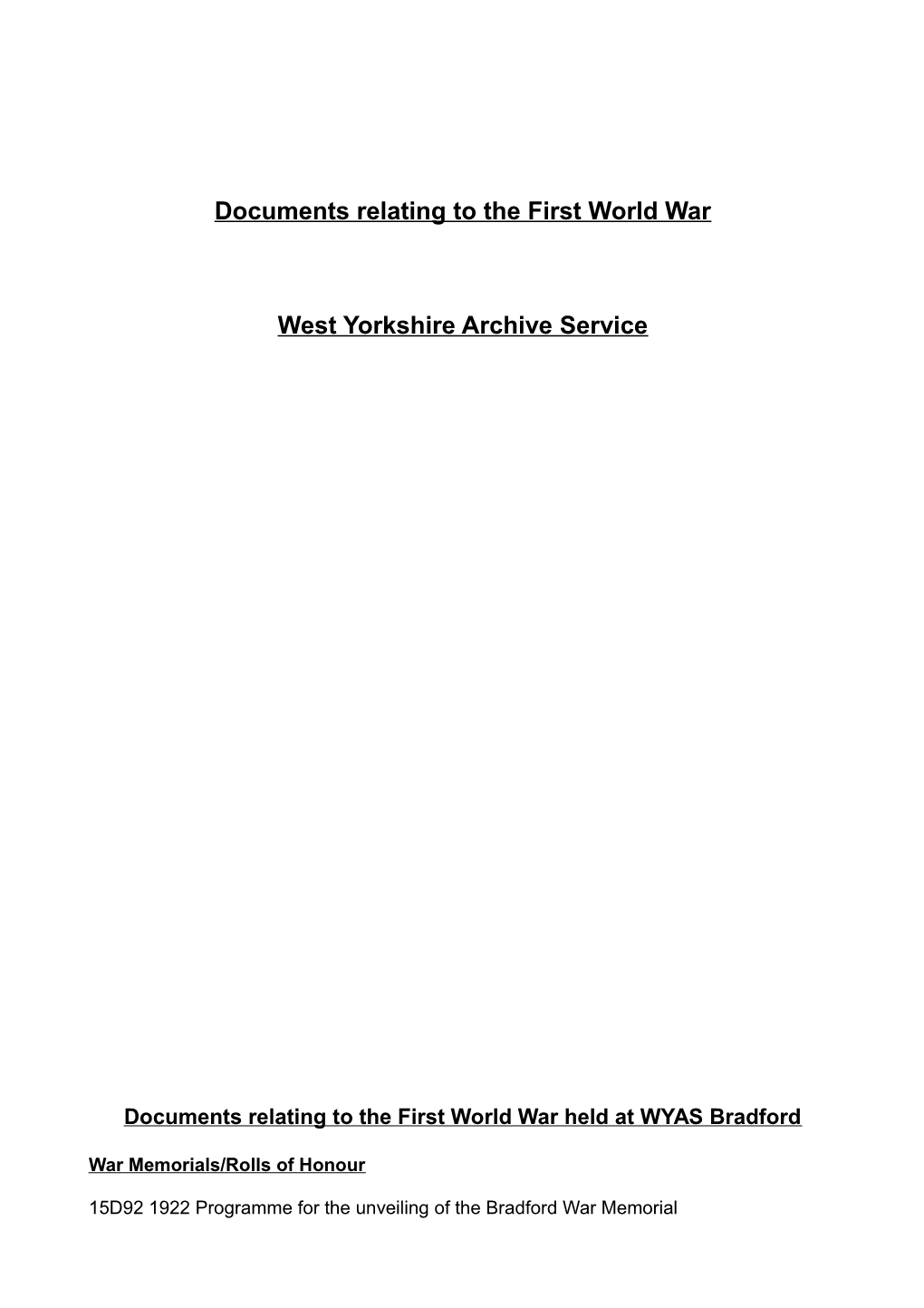 Documents Relating to the First World War