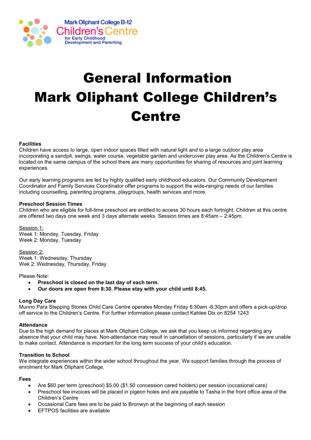 Mark Oliphant Children S Centre