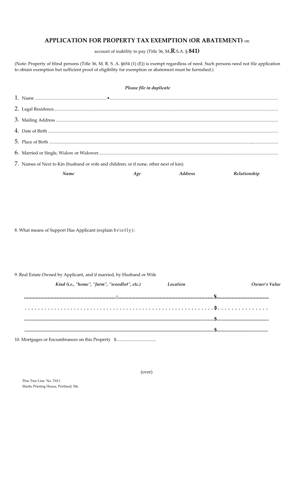 APPLICATION for PROPERTY TAX EXEMPTION (OR ABATEMENT) on Account of Inability to Pay (Title