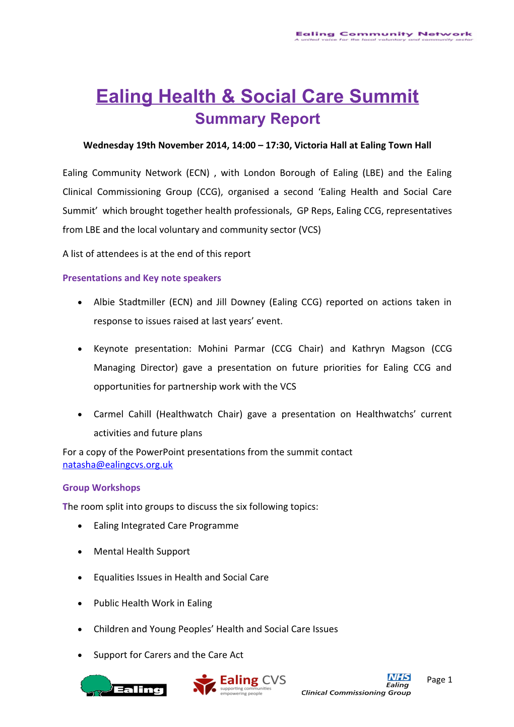 Ealing Health & Social Care Summit Summary Report