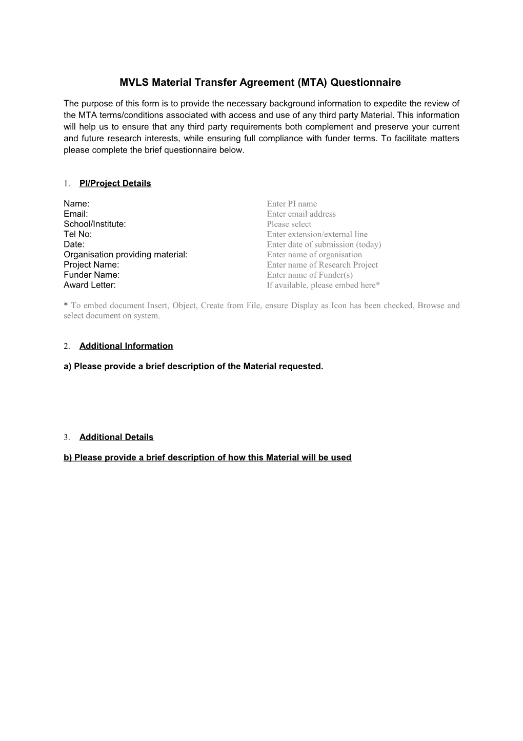 MVLS Material Transfer Agreement (MTA) Questionnaire