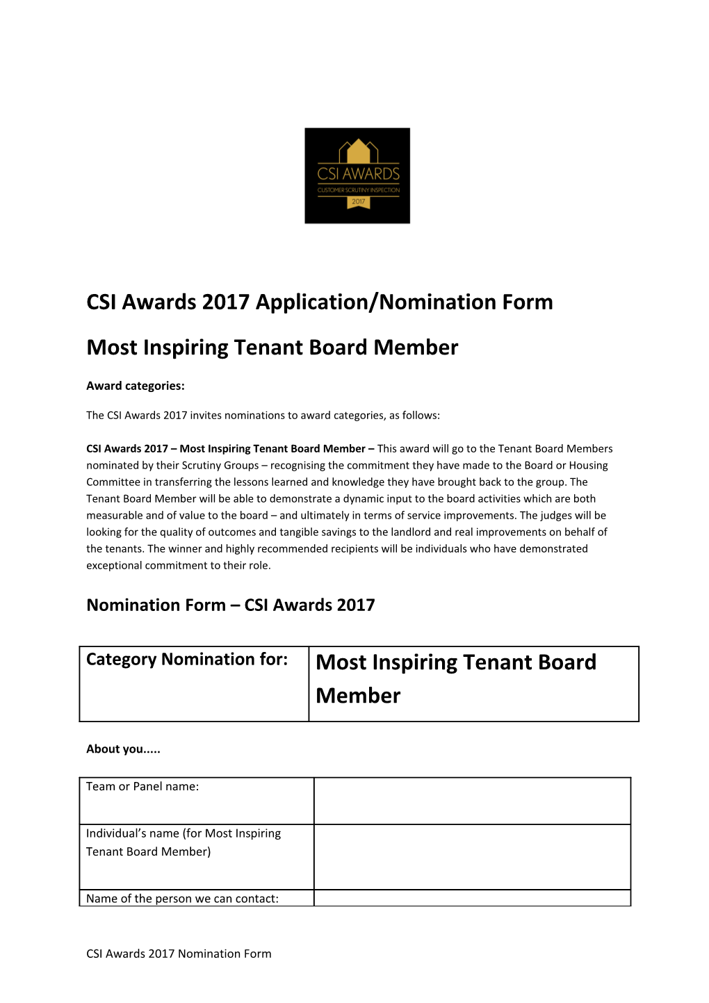 CSI Awards 2017 Application/Nomination Form