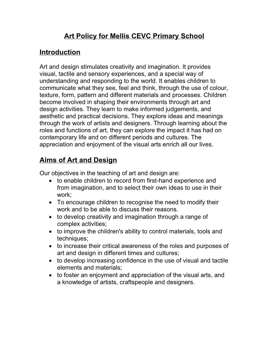 Art Policy for Kyson Primary School