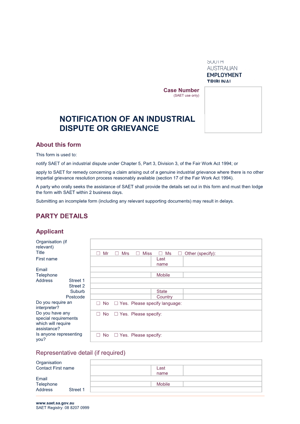 Notification of an Industrial Dispute Or Grievance