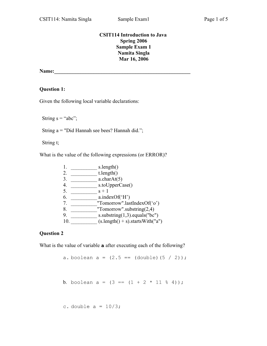 CS110 Introduction to Computing in Java Exam 1