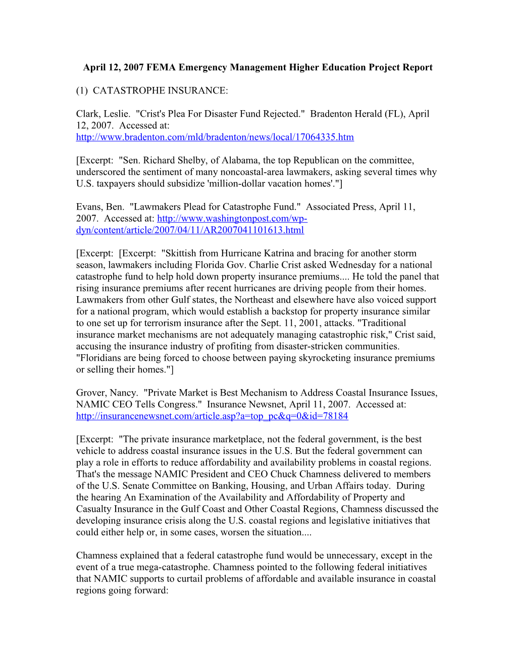 April 12, 2007 FEMA Emergency Management Higher Education Project Report