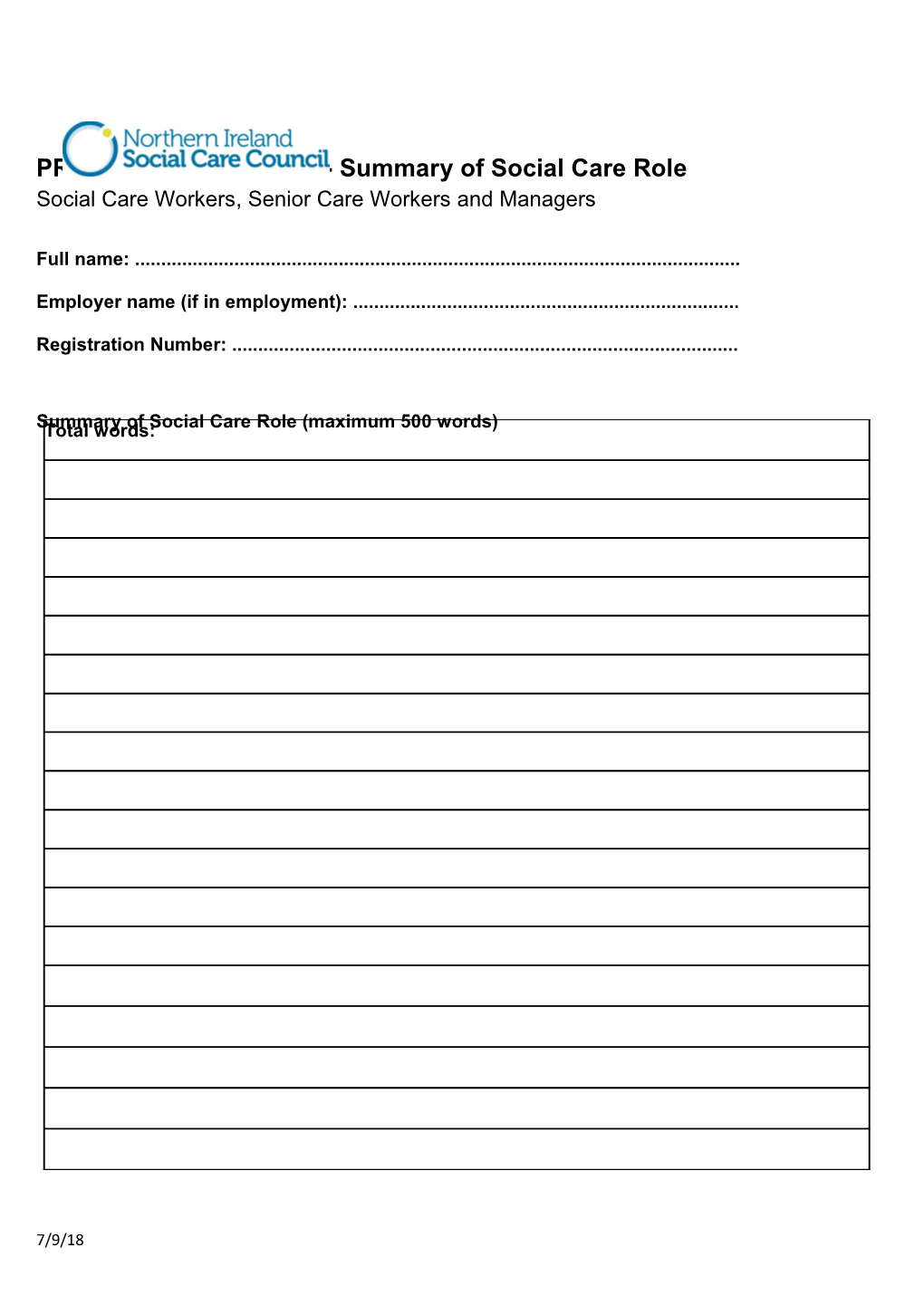 PRTL Submission Form - Summary of Social Care Role