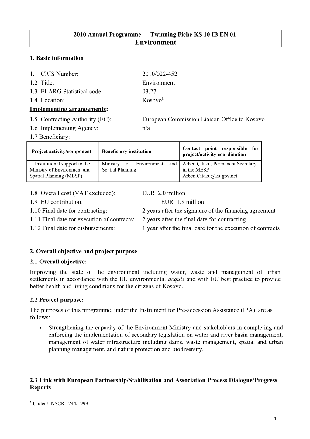 2010 Annual Programme Project Fiche