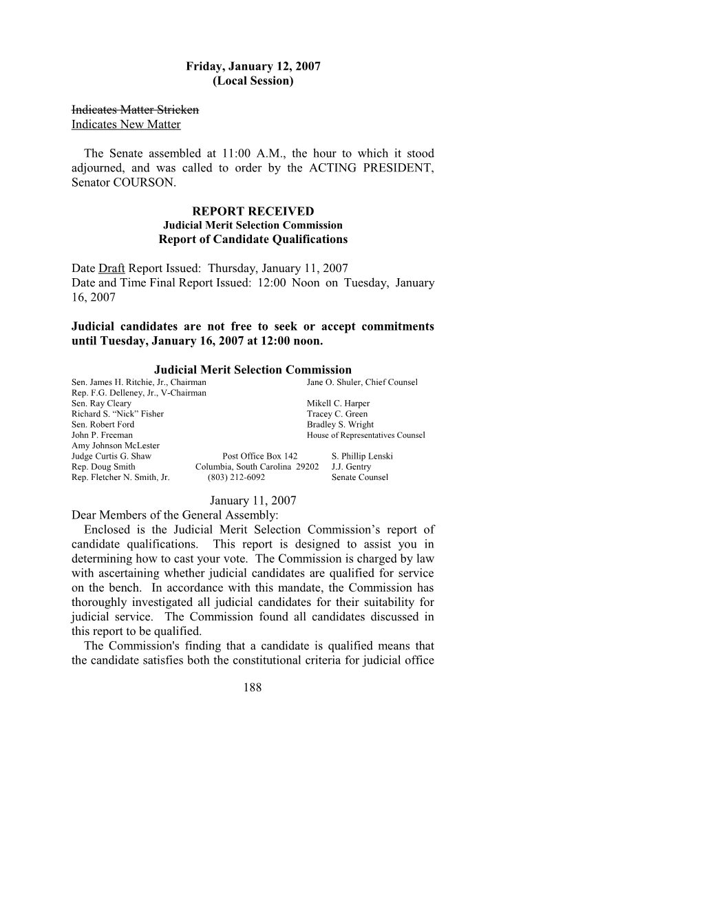 Senate Journal for Jan. 12, 2007 - South Carolina Legislature Online