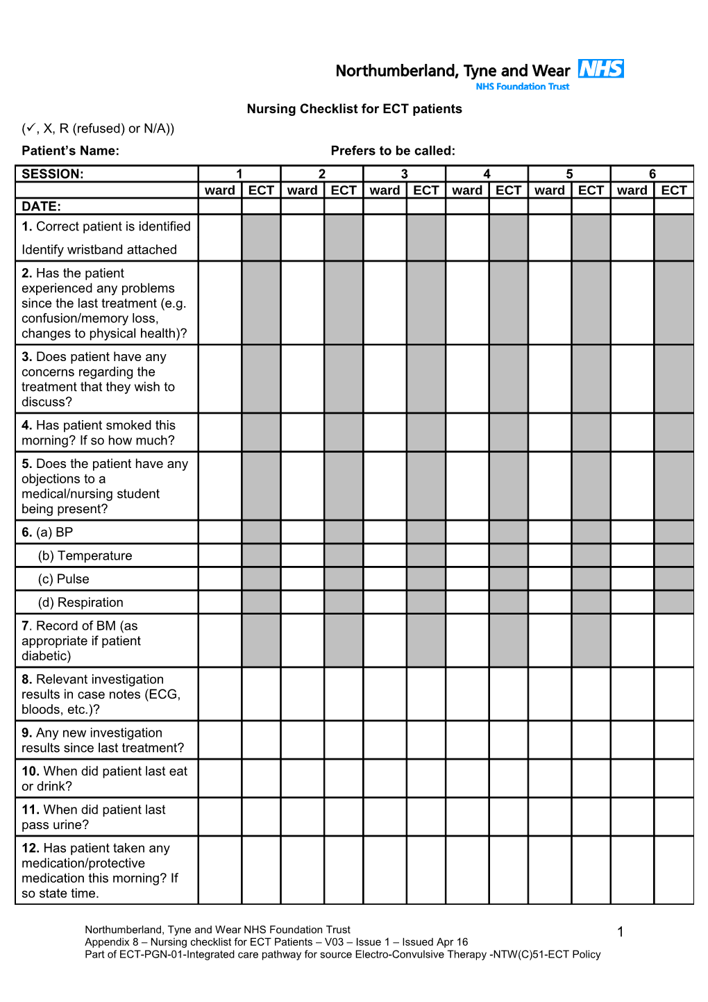 Nursing Checklist for ECT Patients