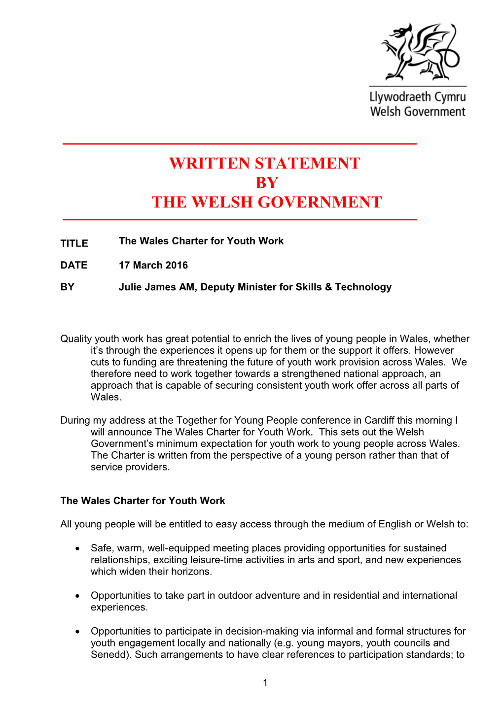 The Wales Charter for Youth Work