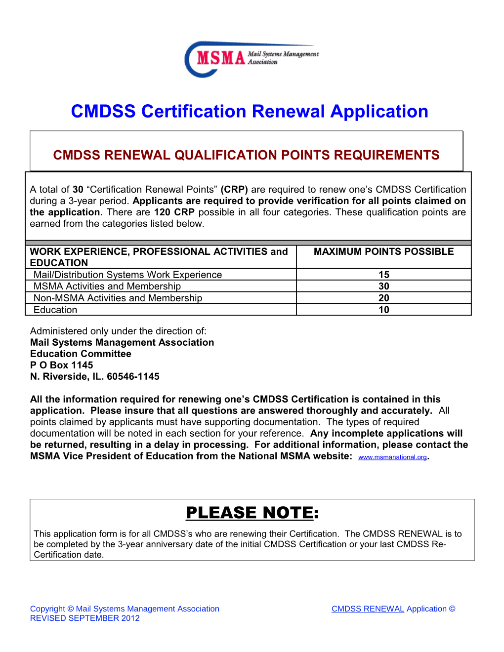 CMDSS Certification Renewal Application