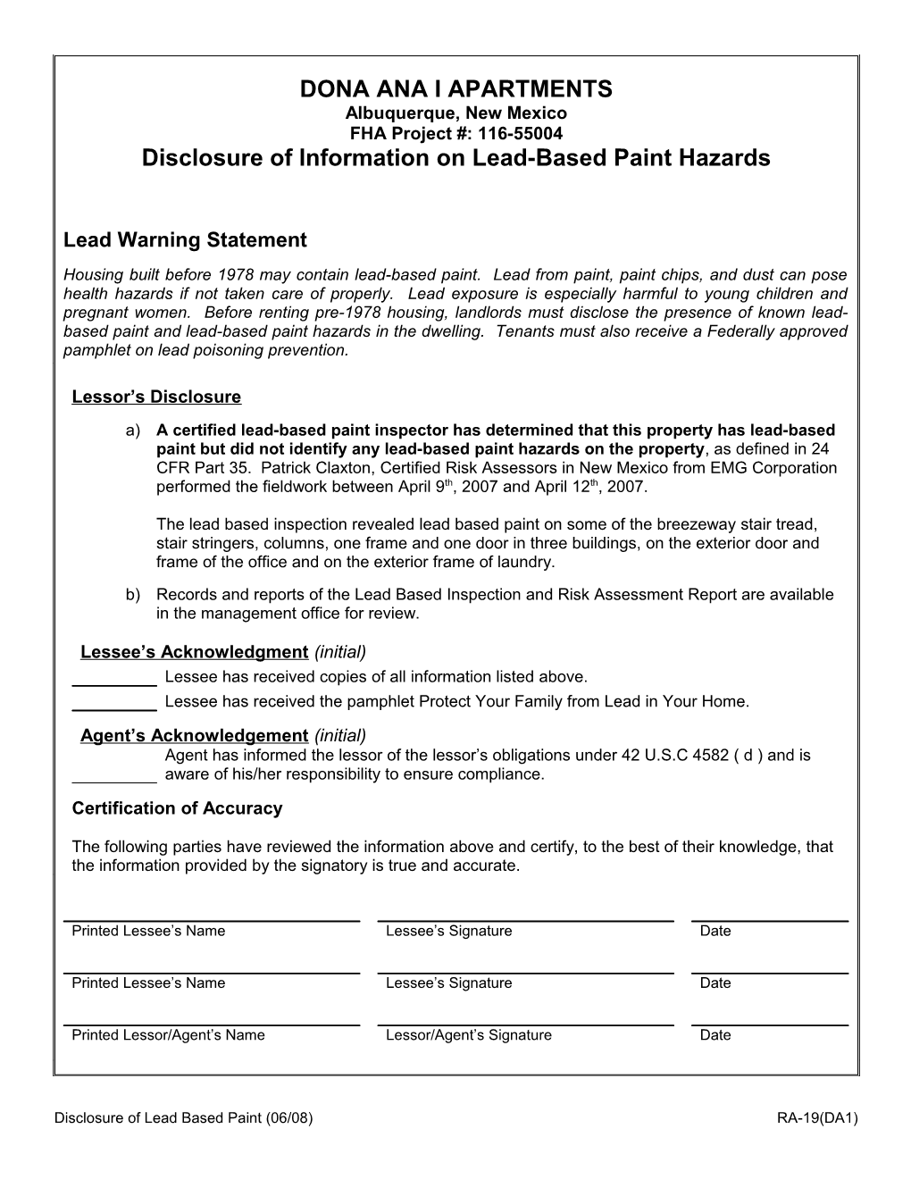 Disclosure of Information on Lead-Based Paint Hazards