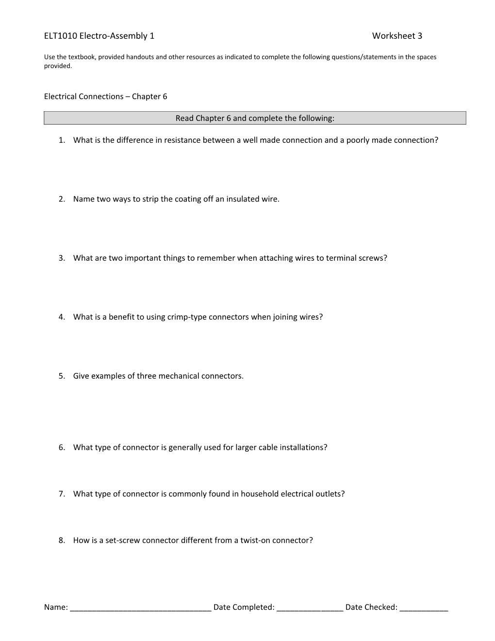 ELT1010 Electro-Assembly 1 Worksheet 3