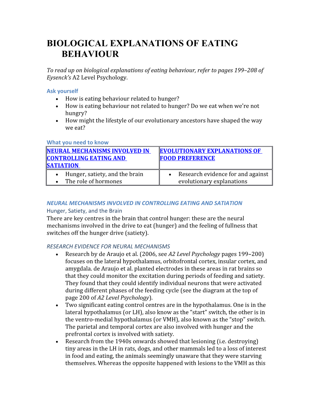 Biological Explanations of Eating Behaviour