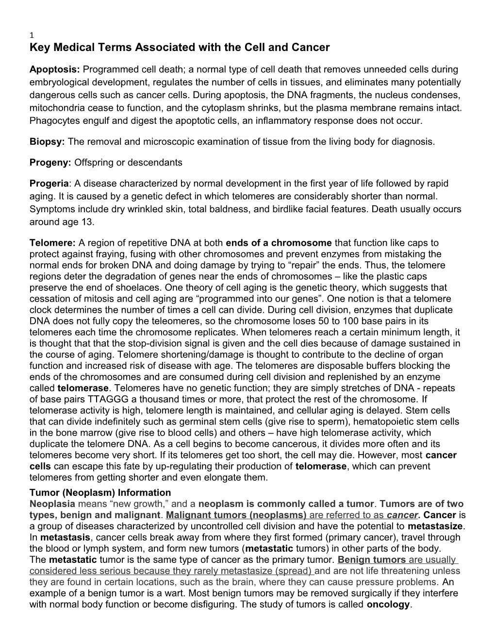 Key Medical Terms Associated with the Cell and Cancer